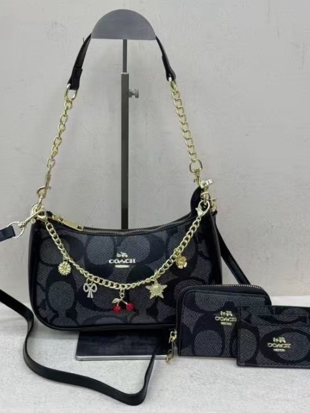 3 pieces. Coach Black Signature Charm Shoulder Bag with Matching Pouches